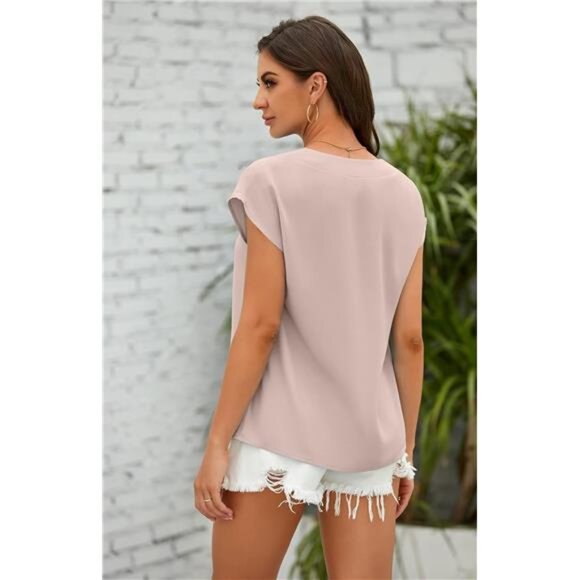 Women's Apricot‎ V Neck Chiffon Blouses Cap Sleeve Shirts Casual Loose Work Tops - Picture 3 of 4
